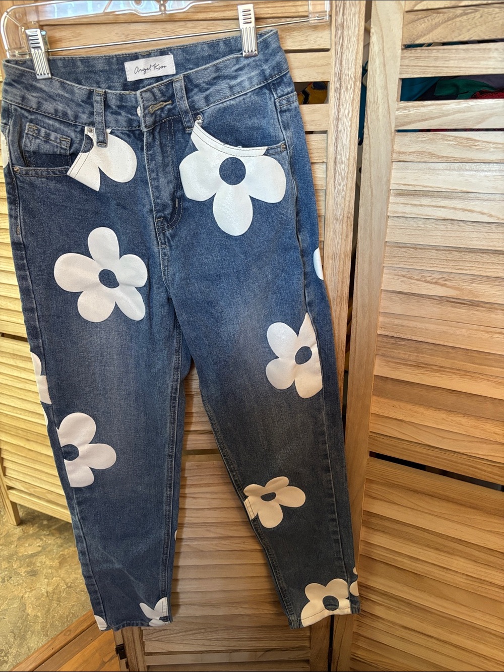 Angel Kiss High-Rise Blue Denim Jeans with White Floral Appliqué 0